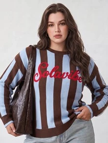 Solavibe Plus Size Y2K Colorblock Striped Oversized Knit Pullover Letter Embroidery Crew Neck For Campus & Daily,Colorblock,Fall Winter,Street Style,Halloween - Brown - View 5