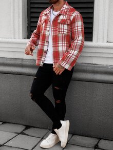Manfinity Homme Plus Size Men's Casual Plaid Button Long Sleeve Shirt - Red - View 6