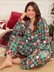 Doze Lane Christmas Classic Red & Green Plaid Santa Claus Pattern Print Lapel Long Sleeve Pajama Set - Green - View 1