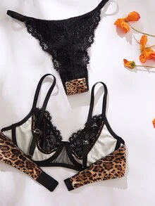SHEIN Leopard Print Lace Women's Lingerie Set, BRA, Women's Panties, 4 Pieces Total - Black - View 6