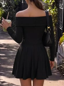 valorelle valorelle Women's Autumn Black Versatile Fashion Zipper Cold Shoulder Long Sleeve Short Dress - Black - View 2