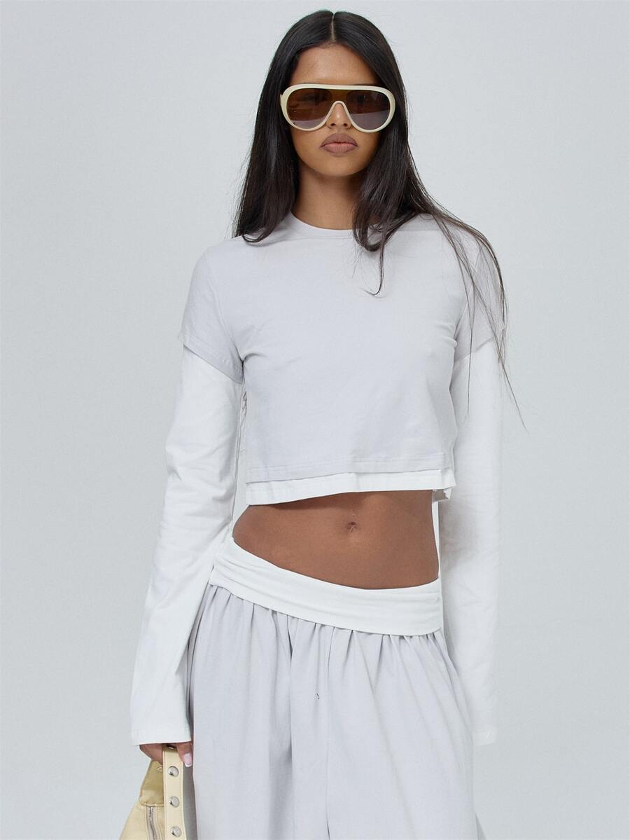 MUSERA Double Layered Long Sleeve Cropped Crewneck Tee Fall Autumn Winter Cute City Holiday Coolgirl Back To School Blancs - Grey - View 1