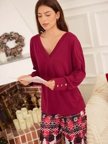 Doze Lane Christmas V-Neck Solid Color Loose Long Sleeve Deer Floral Print Pants Women's Pajama Set Lounge Sleep Burgundy Red And White Autumn Cute - Burgundy - View 6
