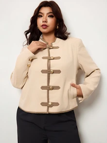 Enliva Jaket Lengan Panjang Ukuran Besar Bergaya Vintage dengan Kantong Kancing Katak - Aprikot - View 9