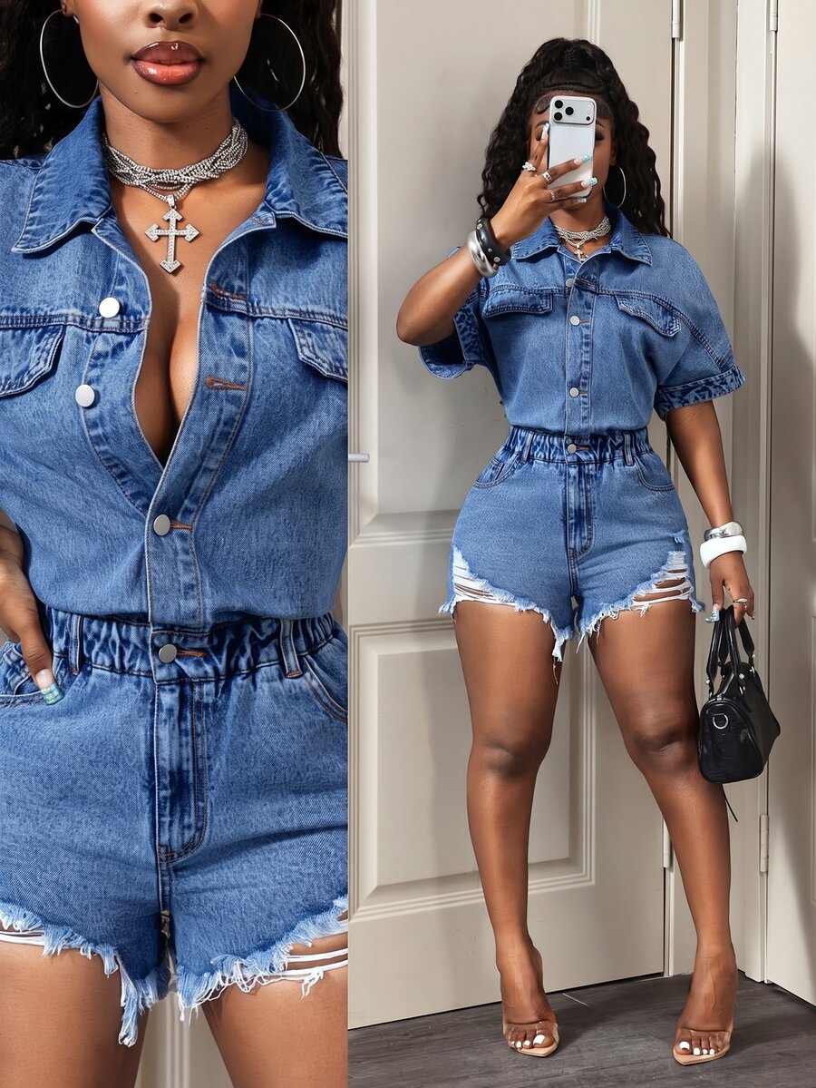 Women's Single-Breasted Frayed Hem Casual Daily Denim Romper - Medium Wash - View 1