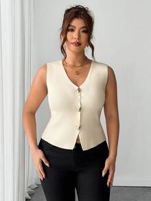 Elenzga Plus Size Women's Solid Color Single-Breasted Casual Daily Cardigan - Beige - View 3