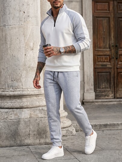 Manfinity CasualCool Conjunto de Moletom Masculino, Design de Bloco de Cor Cinza e Branco, Top de Moletom com Gola Alta e Zíper Parcial, Combinado com Calça de Moletom de Cintura Elástica de Cor Sólida, Paleta de Cores Casual Versátil, Conjunto de Moletom Masculino Outono/Inverno, Estilo Old Money, Esportivo Casual Confortável Versátil, Adequado para Passeios, Deslocamento, Fotografia de Rua, Deslocamento, Viagem, Férias, Uso Diário e Mais