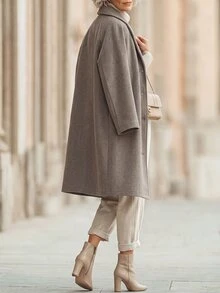 Balvessa Women's Solid Color Lapel Fashion Versatile Overcoat Office Everyday Gray Fall Elegant - Mocha Brown - View 2