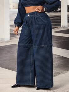 Slaydiva Plus Size Women's Non-Stretch Striped Wide Leg Loose Casual Versatile Denim Jeans - Dark Wash - View 7