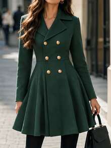 Editum Women's Solid Color Lapel Neck Long Sleeve Double-Breasted Elegant Overcoat - Dark Green - View 5