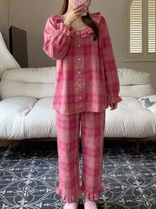 DAZY 2pcs/Set Sweet Plaid Loose Long Sleeve Long Pants Pajama Set For Women - Pink - View 3