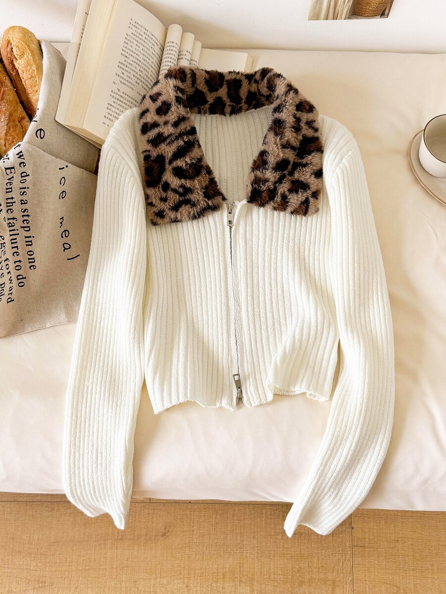 CosyJoli Women's Leopard Print Patchwork Casual Cute Daily Everyday Date Cardigan Leopard Print Women Fall Winter Sweater Work Outfits For Women Fashionable - Black - View 1