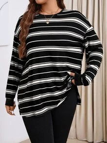 SHEIN LUNE 大尺碼秋冬休閒拼接條紋落肩側開衩T恤度假穿搭 - 彩色 - 查看 6