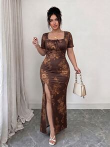 Elenzga فستان طويل أنيق للنساء بمقاسات كبيرة، محبوك بنقشة زهور، بياقة مربعة وفتحة عند الحافة، بقصة ضيقة وإطلالة جذابة، بأكمام قصيرة، مناسب للربيع والخريف - بني - مشاهدة 1