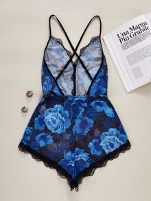 SilkySpell Women's Sexy Floral Print Lace Patchwork One-Piece Pajamas - Navy Blue - View 2