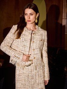 MOTF PREMIUM FRENCH VINTAGE ELEGANT BEIGE BROWN SHINY TWEED SHORT JACKET, ROUND NECK GOLD BUTTONS TASSEL FRINGE LADY STYLE -INSPIRED TOP, AUTUMN/WINTER OFFICE - Champagne - View 3