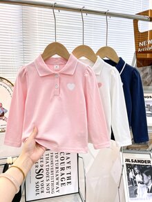 Elladie kids 女童 3件組長袖 Polo 衫，立領精緻愛心刺繡，修身長袖 T-shirt，適合返校季 - 彩色 - 查看 7