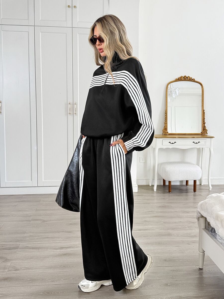 Easowa Women's Striped Colorblock Long Sleeve Sweatshirt & Loose Pants Two Pieces Set - Black - View 1