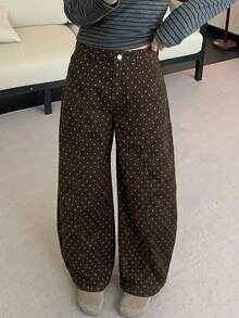 Livesso 女款波點休閒百搭日常穿著寬腿牛仔褲 - 棕色 - 查看 10