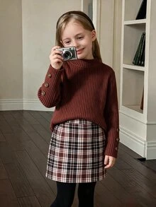 Elladie kids 少女美式學院風服裝套裝，紋理長袖上衣與配套鈕扣裙 2 件套搭配組合 - 棕色 - 查看 3