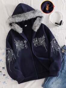 SHEIN Sparklyn 1件女款深色甜酷風加厚秋冬戶外購物夾克，大廓形毛領連帽拉鍊衛衣，鑲鑽字母設計，抓絨內裡寬鬆長袖衛衣外套 - 藍色 - 查看 5