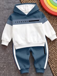 Young Boys Casual Minimalist Loose Fit Sports Hoodie & Pants 2 Pieces Set, Long Sleeve, Suitable For Autumn/Winter, Classic Retro Color Block Graphic Print, Classic Text Logo Print, Suitable For Sports - Multicolor - View 3