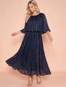 Amorya 女款亮片圓領蝙蝠袖優雅長洋裝 - 彩色 - 查看 8