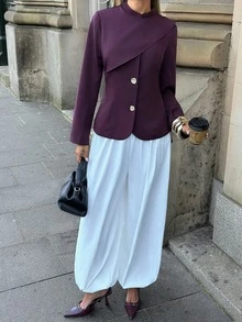 Aloruh Women's Solid Color Long Sleeve Metal Single-Breasted Fashion Blazer Fall Clothes For Women Work Outfits For Women - Purple - View 5