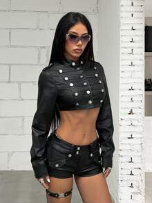 Jeanoix Women's Button Design Long Sleeve Cropped Napoleon Jacket And Shorts Fashion 2 Pieces Set - Black - View 7