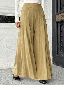 Pariaura Elegant Linen-Like Mid-Waist Draped Skin-Friendly Commuter Style Regular Long Pants - Khaki - View 3