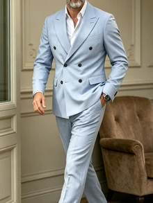 Manfinity Bizformal Setelan Jas Pria Elegan Lengan Panjang Berkancing dan Celana Panjang dengan Saku - Baby Blue - View 3