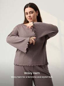 LUVLETTE Fall Women's Plus Size Brown Round Neck Long-Sleeved Pants Loungewear Set, Ribbed Texture Fabric, Comfortable Cotton Pajamas Lounge Sets For Women - Coffee Brown - View 4