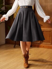 Vintamour Women's Solid Color High Waist Pleated Elegant Commuter Skirt - Dark Grey - View 3