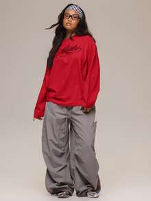 MUSERA 白色圖案 Logo 細節長袖上衣 冬季休閒日常舒適穿搭 女款 - 紅色 - 查看 2