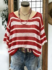 EMERY ROSE Plus-Size Women's Spring/Summer Casual Wear: Simple, Versatile, And Fresh Style. Features Contrasting Colors, Stripes, Cutouts, And Crochet Details. A Loose-Fitting, Round-Neck Plus-Size Knit Top Perfect For Spring And Summer. - Red and White - View 4