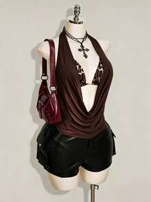 SHEIN ICON 女款大尺碼復古性感時尚個性休閒 Y2K 千禧風都市現代大膽前衛黑色細肩帶背心上衣 豹紋綁帶式內衣 2 件組背心背心上衣 - 咖啡棕 - 查看 6
