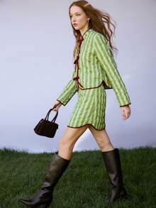 Nöista Padded Striped Mini Skirt With Contrast Hem. Fall Winter, Casual, Going Out, Everyday. - Green - View 1