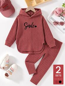 Elladie kids 女童新款玫瑰紅連帽長袖上衣與鬆緊腰休閒寬鬆軟針織長褲兩件套，春/秋季 - 玫紅色 - 查看 3