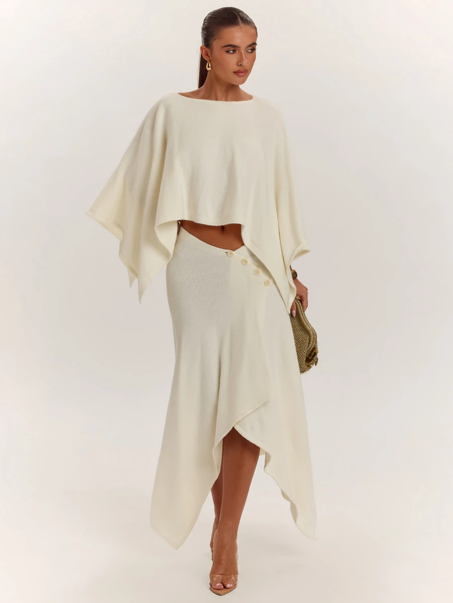 SHEIN BAE French Minimalist Slouchy Design Fashion Simple Shawl Asymmetrical Slimming Elegant Skirt High-Quality 2 Pieces Knit Set - Beige - View 1