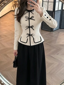 Modelyn Women's Black & White Colorblock Cinched Waist Jacket & Midi Skirt 2 Pieces Set - Black and White - View 4