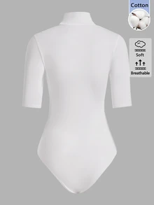 SHEIN BASICS 女款純色立領休閒日常連身衣 - 白色 - 查看 5