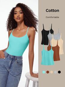 SHEIN BASICS 1件女款純色修身休閒細肩帶背心上衣 白色上衣 - 薄荷綠 - 查看 10
