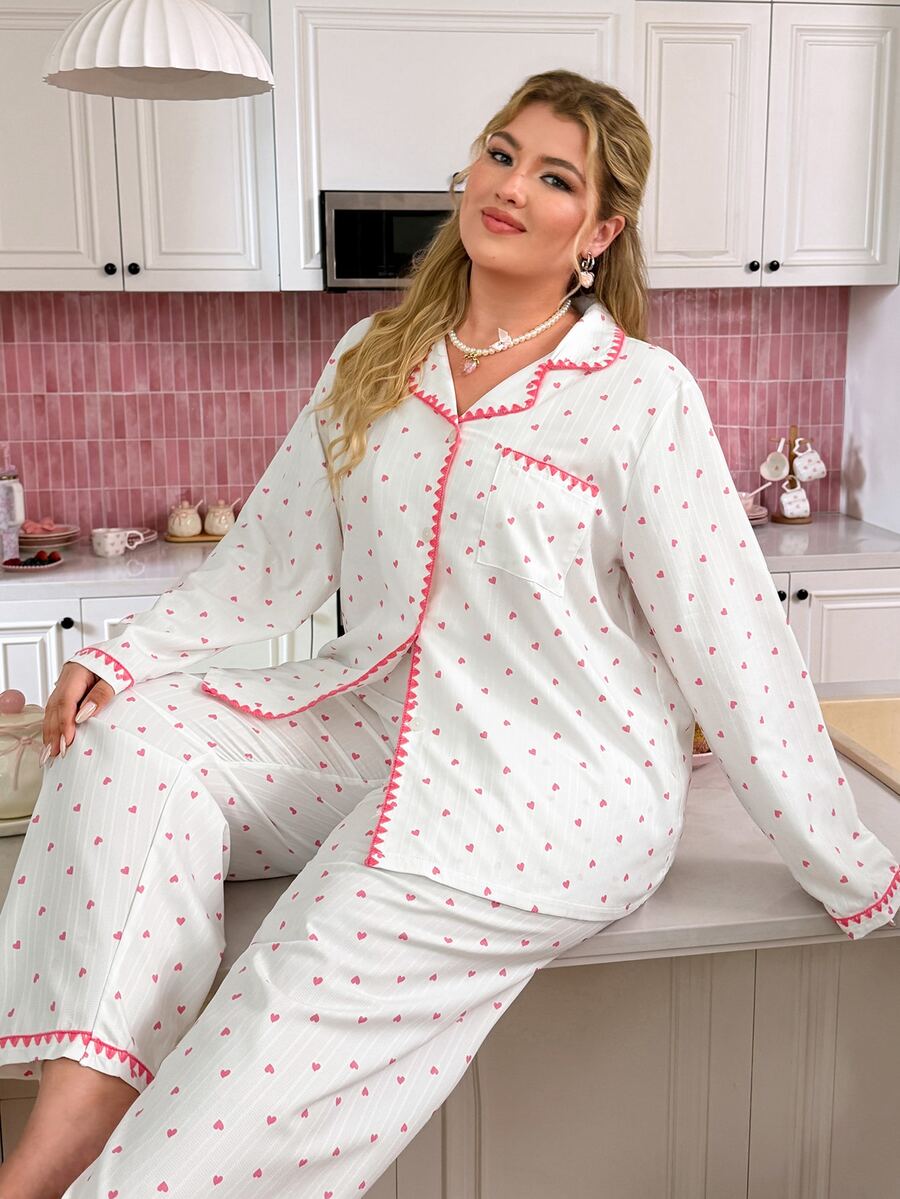 Slumberry CURVE Plus Size Women Heart Print Lapel Shell Trim Long Sleeve Pants Pajama Set - Pink - View 1