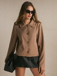 Poéselle Women's Khaki Lace Trim Cropped Jacket, Comfortable Button Front Collared Coat With Pockets, Vintage Coquette Fall Outerwear - Khaki - View 1