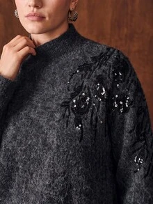 MOTF PREMIUM PLUS SIZE WOMEN'S SEQUIN STAND COLLAR CASUAL DAILY LONG SLEEVE SWEATER - Dark Grey - View 2