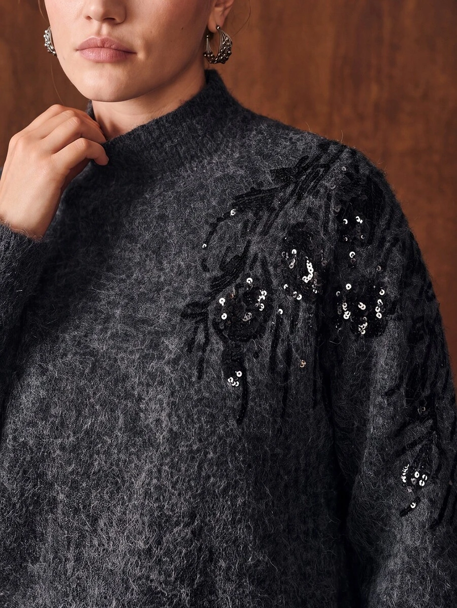 MOTF PREMIUM PLUS SIZE WOMEN'S SEQUIN STAND COLLAR CASUAL DAILY LONG SLEEVE SWEATER - Dark Grey - View 2