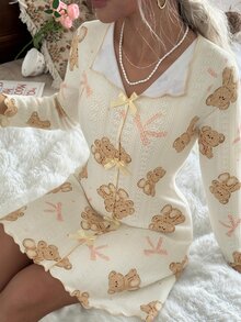 CottageSlumber Cartoon All-Over Print Bear Nightgown, Collared Bow Frill Trim Long Sleeve Loungewear Maxi Dress - Beige - View 5