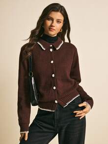 Poéselle 女款長袖單排扣休閒對比飾邊針織開襟衫 - 咖啡棕 - 查看 6