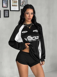 Coolane Women's Fall/Winter Streetwear Casual Sport Going Out Ricing Graphics Color-Blocked Black Round Neck Loose Long Sleeve Pullover Sweatshirt - Black - View 3