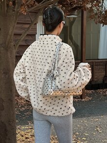 DAZY Cream White Polka Dot Lamb Fleece Round Neck Button Half-Placket Loose Long Sleeve Casual Sweatshirt - Grey - View 2